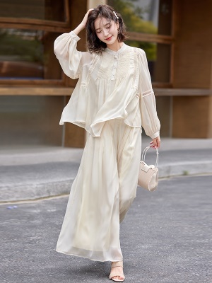 超仙时尚雪纺套装女2025春夏新款半透减龄显瘦流行阔腿裙裤三件套