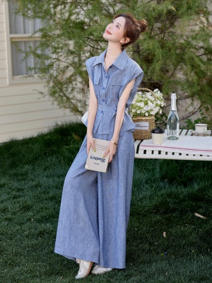 蓝色坎肩无袖上衣套装女2025夏季新款气质干练穿搭亚麻休闲两件套