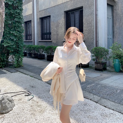 ByYou春季高级感收腰白色衬衫连衣裙显瘦缎面雪纺衬衫裙 含内搭裙