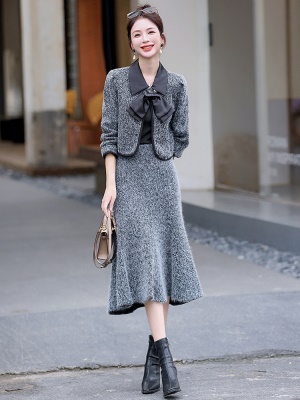 名媛小香风套装女2023秋冬装新款时尚小洋装年会礼服鱼尾裙两件套