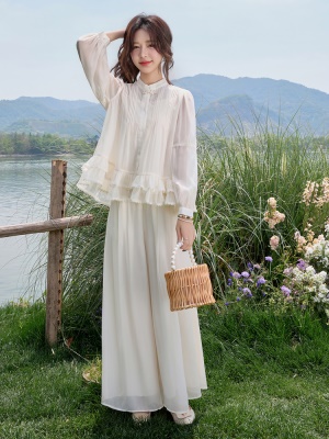 小香风荷叶边雪纺套装女2025夏季新款时尚减龄独特阔腿裙裤两件套