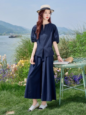 大方得体贵气御姐套装女2025夏季新款宽松显瘦妈妈阔腿裙裤两件套