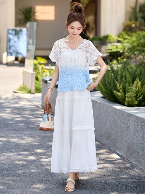 复古民族风渐变色套装女2025夏季新款短袖罩衫时尚穿搭长裙三件套