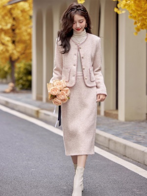 粉色法式小香风套装女2025秋冬新款时尚洋气爆款加厚羊毛呢两件套
