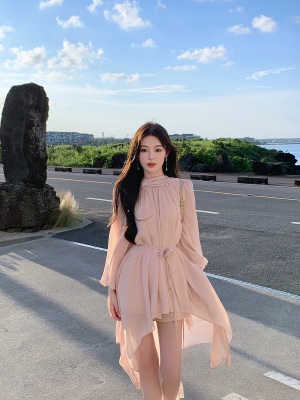 ByYou 初秋新款不规则长袖雪纺连衣裙收腰短裙子含打底短裤两件套