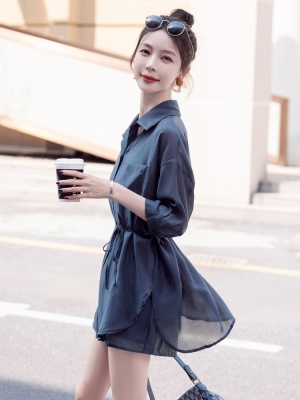 小个子套装遮肉夏季女2025新款炸街高级感显瘦衬衣薄纱短裤三件套