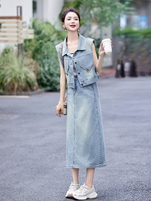 薄款复古牛仔套装女2025夏季新款时尚坎肩马甲爆款半身长裙两件套
