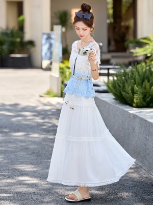 复古民族风渐变色套装女2025夏季新款短袖罩衫时尚穿搭长裙三件套