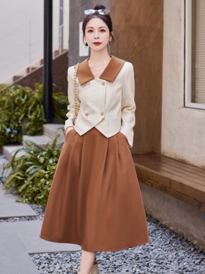 撞色翻领小香风套装2025新款爆款秋季民国风高端名媛半身裙两件套