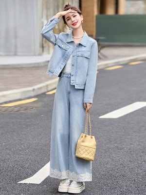 蕾丝花边牛仔两件套女2025春季新款高级感减龄气质漂亮一整套休闲