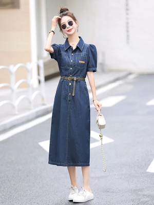 欧货时尚牛仔连衣裙女2025夏季新款修身洋气减龄泡泡袖衬衫中长裙