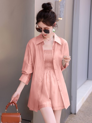 天丝透气防晒套装女夏款新款时尚高级感修身衬衫连体短裤两件套潮