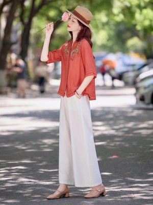 端庄大方优雅天丝套装女2025夏季新款亚麻刺绣贵气御姐感两件套裤