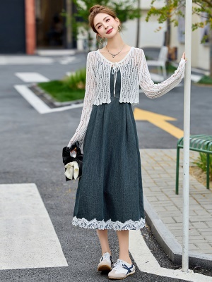 蕾丝拼接牛仔吊带裙套装女2025夏季新款休闲防晒开衫连衣裙两件套
