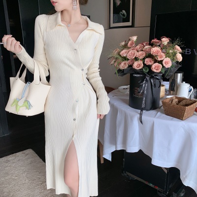 ByYou 春季白色气质V领兔绒针织连衣裙女收腰显瘦中长款开叉裙子