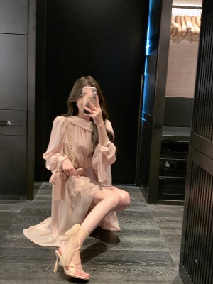 ByYou 初秋新款不规则长袖雪纺连衣裙收腰短裙子含打底短裤两件套