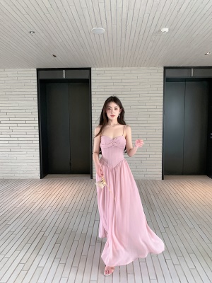 ByYou夏季粉色法式吊带V领连衣裙女收腰显瘦中长款雪纺裙子仙女裙