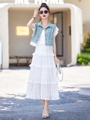 高端蕾丝薄牛仔上衣套装女2025夏装新款优雅女神范时尚裙子两件套