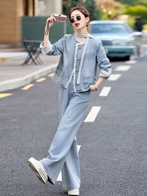 蕾丝花边时尚牛仔套装女2025春季新款高档大牌洋气减龄休闲两件套