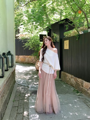 ByYou 夏季新款薄纱粉色压褶网纱半身裙高腰显瘦蓬蓬纱裙大摆长裙