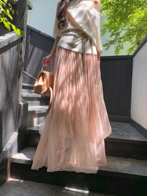 ByYou 夏季新款薄纱粉色压褶网纱半身裙高腰显瘦蓬蓬纱裙大摆长裙