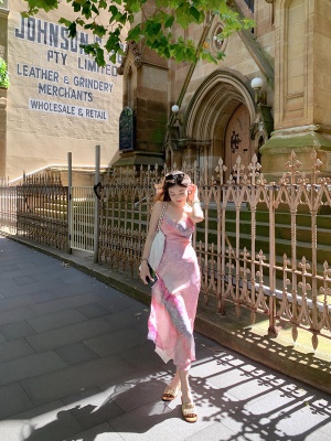 ByYou 夏季新款法式粉色印花吊带连衣裙长款收腰包臀裙油画碎花裙