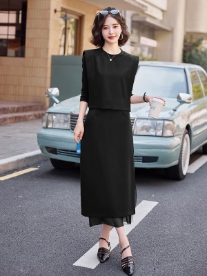 初秋季休闲套装女2025新款时尚洋气轻奢高级感网纱拼接裙子两件套