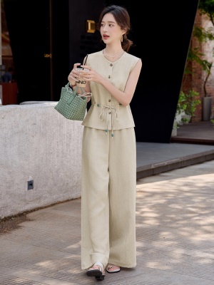 小香风无袖亚麻套装女夏2025新款轻奢高端系带收腰麻料气质两件套