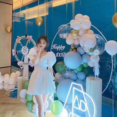 ByYou 夏季白色泡泡袖V领连衣裙女设计感鱼骨收腰显瘦法式公主裙