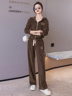 欧货休闲时尚套装女新款2025春秋连帽刺绣高端运动服阔腿裤两件套