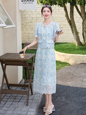 小香风气质短袖套装女夏2025新款轻奢高端刺绣木耳边半身裙两件套