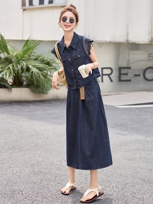 2025超火天丝牛仔套装女2025夏装新款拼接格子休闲绝美裙子两件套