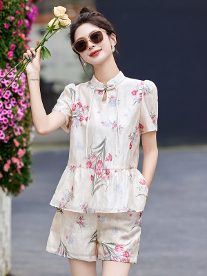 小香风短裤印花套装女2025夏季新款时尚流行爆款新中式年轻两件套