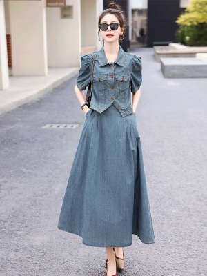 欧货天丝牛仔套装女2025夏季新款复古气质漂亮国风半身长裙两件套