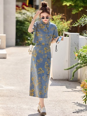 新中式国风套装女2025夏季时尚气质印花薄款牛仔盘扣半身裙两件套