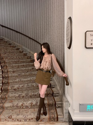 ByYou 秋季新款高级感鹿皮绒咖色高腰半身裙显瘦a字气质包臀短裙