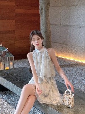 ByYou 夏季新中式仙气露肩印花雪纺挂脖连衣裙国风收腰显瘦短裙子