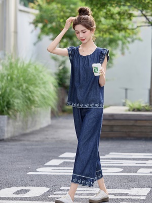 时尚刺绣小飞袖套装女夏2025新款超火小个子显瘦薄款休闲两件套裤