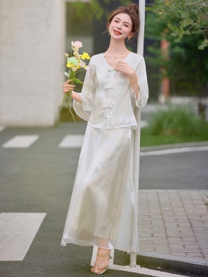 新中式国风雪纺套装女2025夏新款复古印花七分袖文艺半身裙两件套