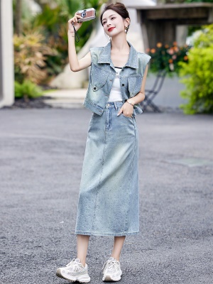 薄款复古牛仔套装女2025夏季新款时尚坎肩马甲爆款半身长裙两件套