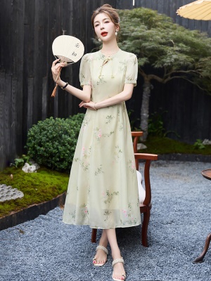 墨染印花国风连衣裙女2025夏装新款修身年轻款新中式改良旗袍长裙