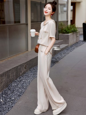 高端休闲时尚套装女夏2025新款气质冰丝运动连帽显瘦阔腿裤两件套