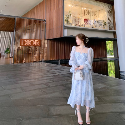 ByYou2025新款早春青花瓷系列高级感气质碎花连衣裙收腰长款a字裙