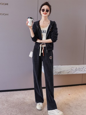 欧货休闲时尚套装女新款2025春秋连帽刺绣高端运动服阔腿裤两件套