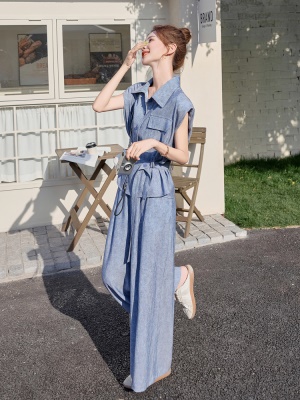 蓝色坎肩无袖上衣套装女2025夏季新款气质干练穿搭亚麻休闲两件套