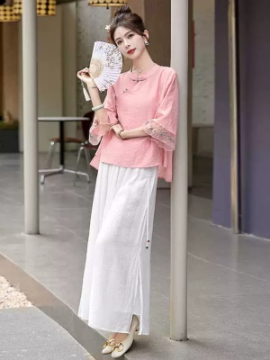 高端棉麻休闲套装女2025夏季新款麻料巨显瘦减龄亚麻阔腿裤两件套