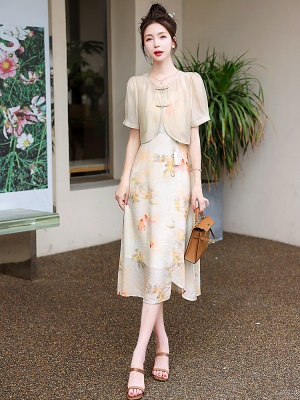 吊带连衣裙配开衫套装女夏2025新中式国风淑女禅意气质旗袍两件套