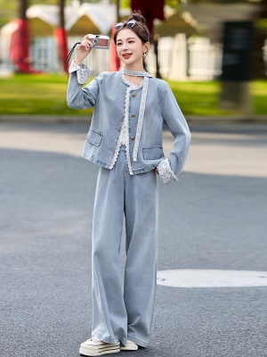 蕾丝花边时尚牛仔套装女2025春季新款高档大牌洋气减龄休闲两件套