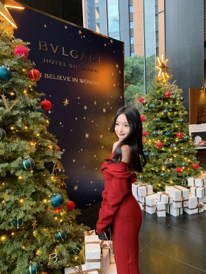 ByYou 冬季红色假两件纯欲挂脖针织连衣裙女收腰显瘦内搭毛衣裙子