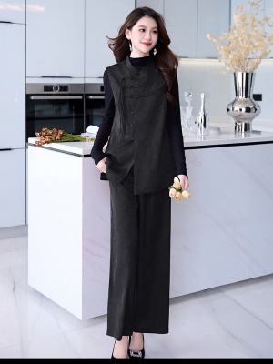 新中式国风套装女2025秋季新款高端盘扣流苏无袖马甲阔腿裤三件套